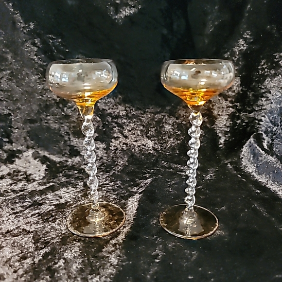 Vtg Amber Blown Glass Cordial Cocktail Glasses (2) Twisted Stem 5.5" tall - Picture 5 of 14